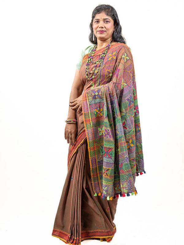 Khadi cotton red by green saree with Sandur lambani embroidery