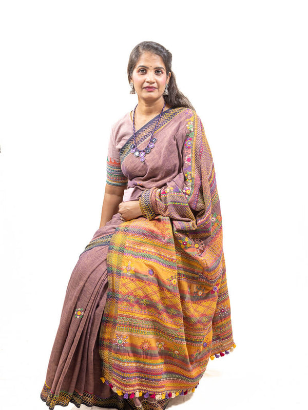 Khadi cotton blue by brown saree with Sandur lambani embroidery