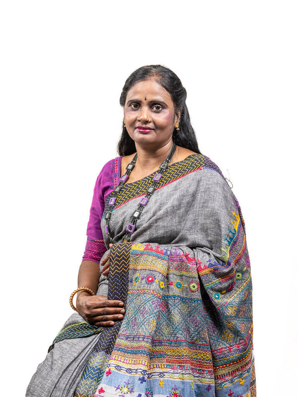 Khadi cotton black by white saree with Sandur lambani embroidery