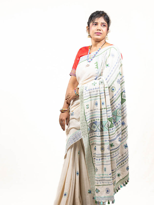 Khadi cotton off white saree with Sandur lambani embroidery