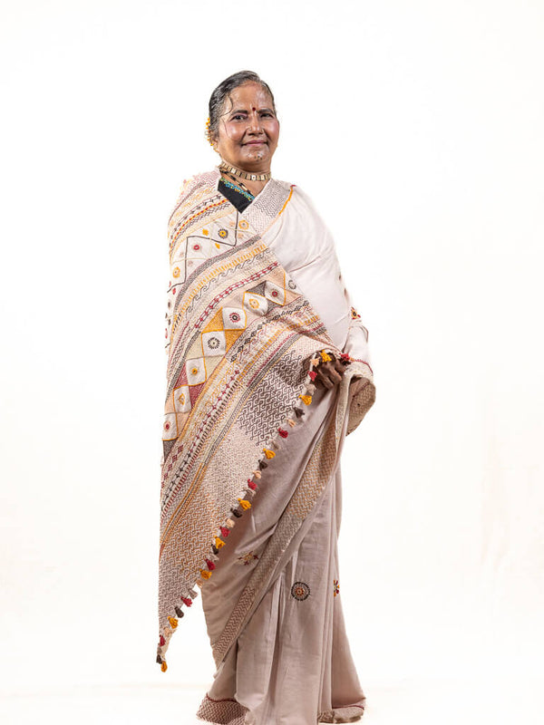 Khadi cotton peach saree with Sandur lambani embroidery