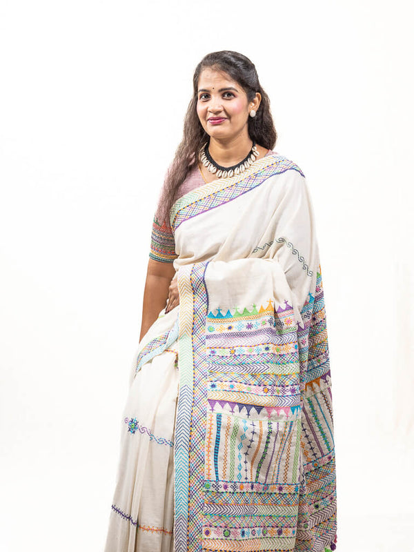 Khadi cotton off white saree with Sandur lambani embroidery