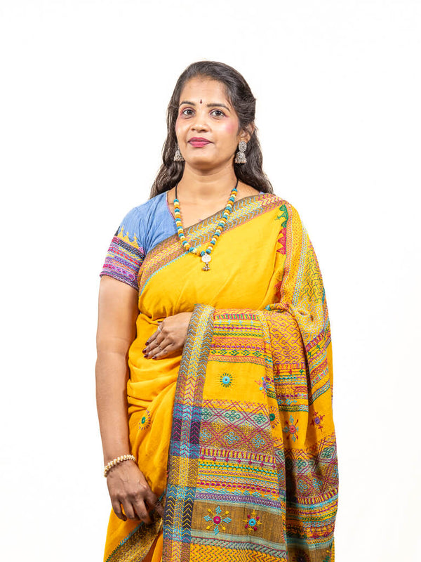 Khadi cotton yellow saree with Sandur lambani embroidery