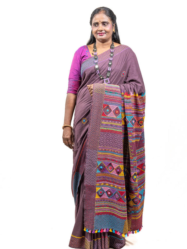 Khadi cotton brown saree with Sandur lambani embroidery
