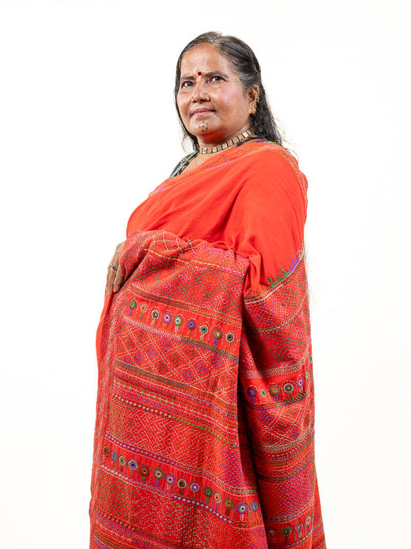 Khadi cotton red saree with Sandur lambani embroidery
