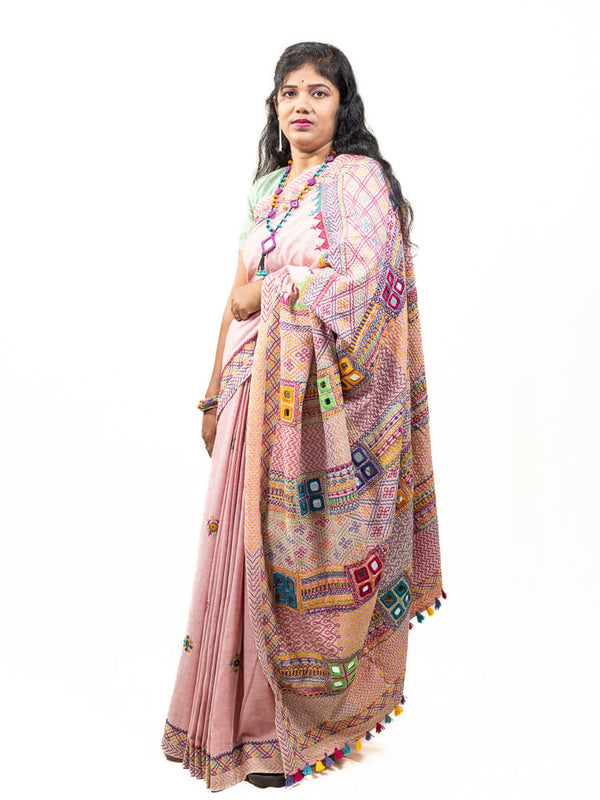 Khadi cotton pink saree with Sandur lambani embroidery