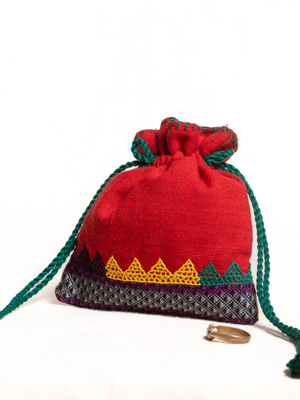 Red khadi cotton pouch bag