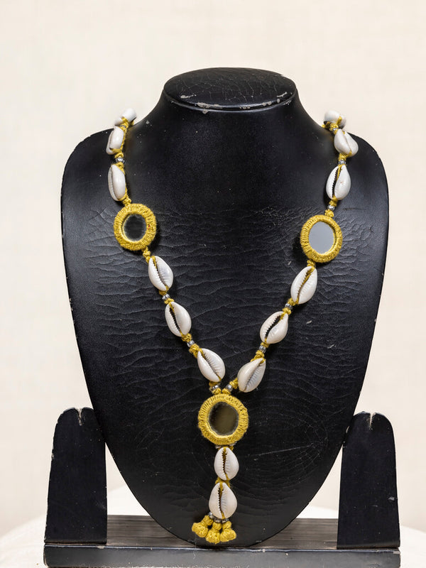 Cotton yellow mirror work with sea shells necklace