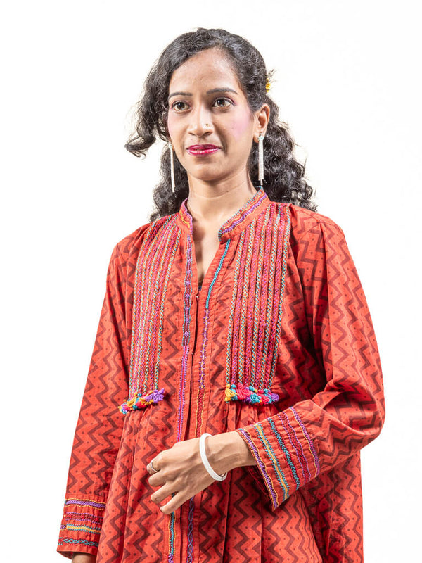 Red printed khadi cotton kurta