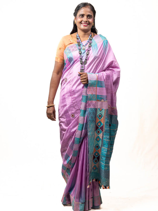Silk lavender by blue saree with Sandur lambani embroidery