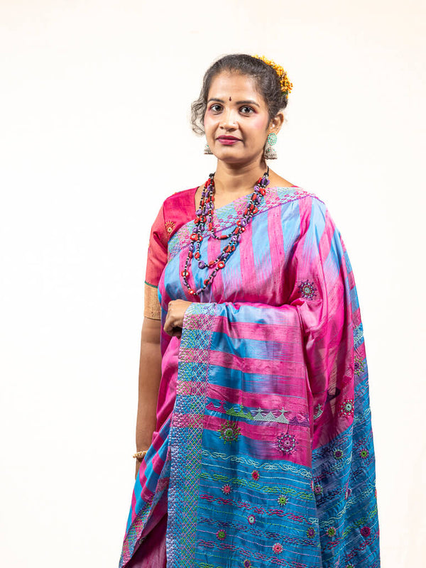 Silk pink by blue saree with Sandur lambani embroidery
