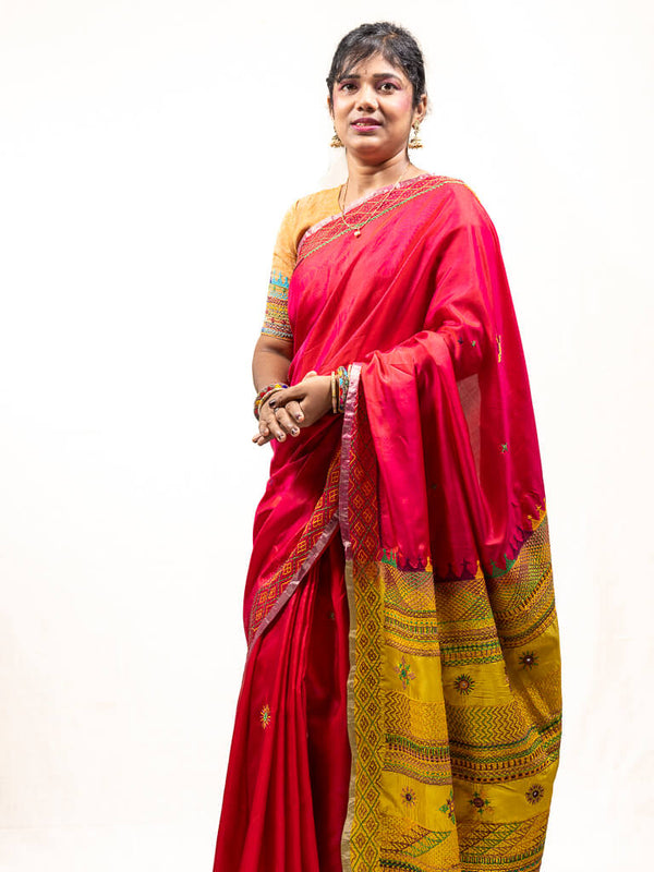 Silk red by yellow saree with Sandur lambani embroidery